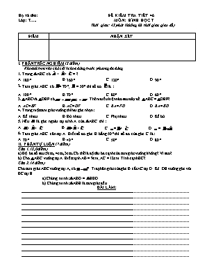 Đề kiểm tra tiết 46 môn Hình học Lớp 7 (Có đáp án)